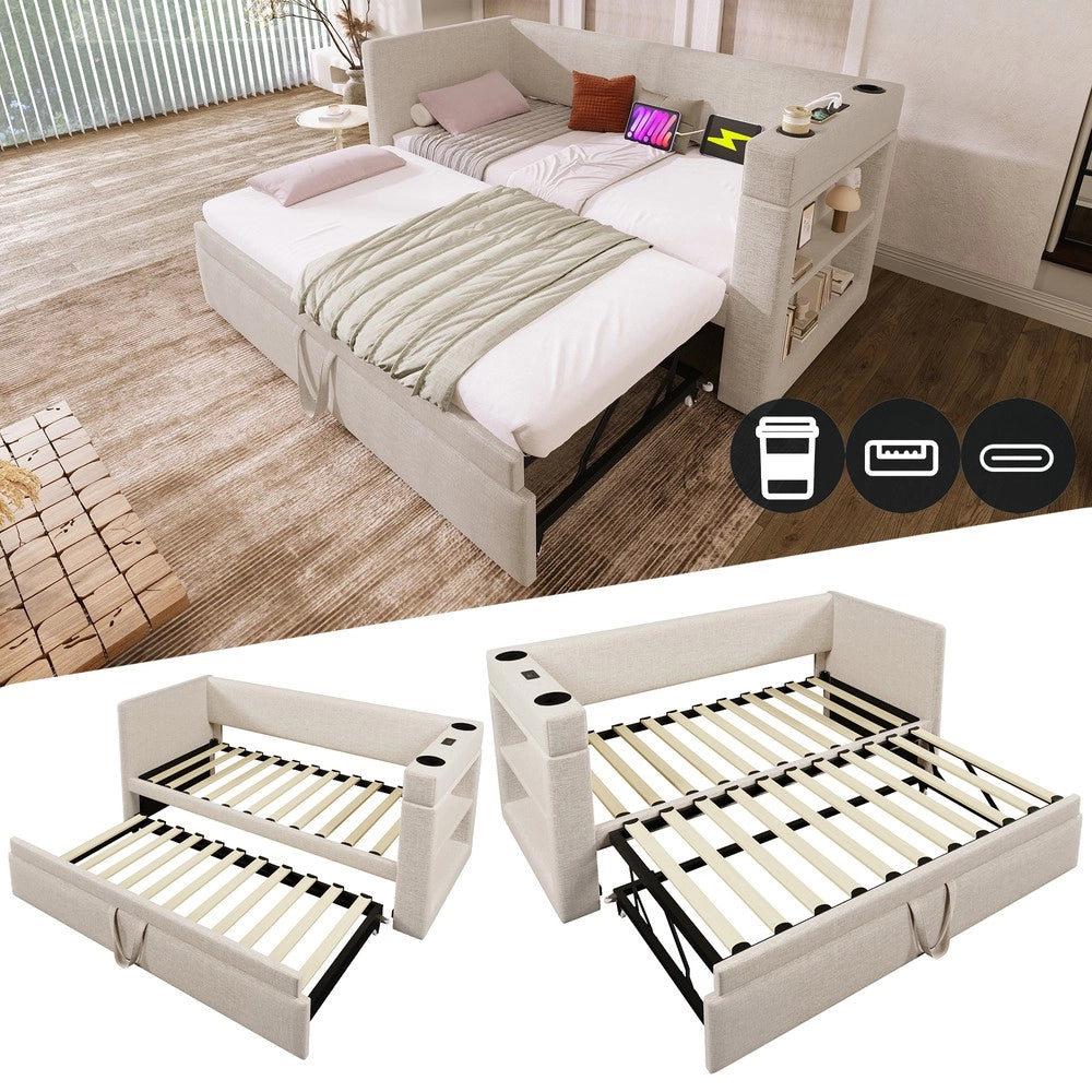 Letto Singolo Imbottito con Letto Estraibile ¨C MINIMAL ¨C Tessuto Beige 90x190