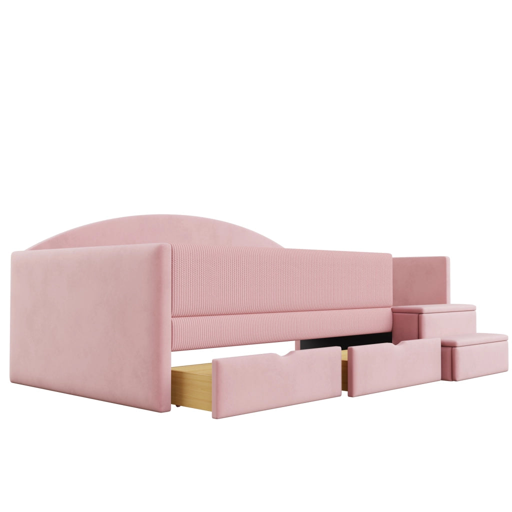 Letto per bambini 90×190 cm con 2 cassetti; sponde e scala antiscivolo; senza materasso; velluto; rosa