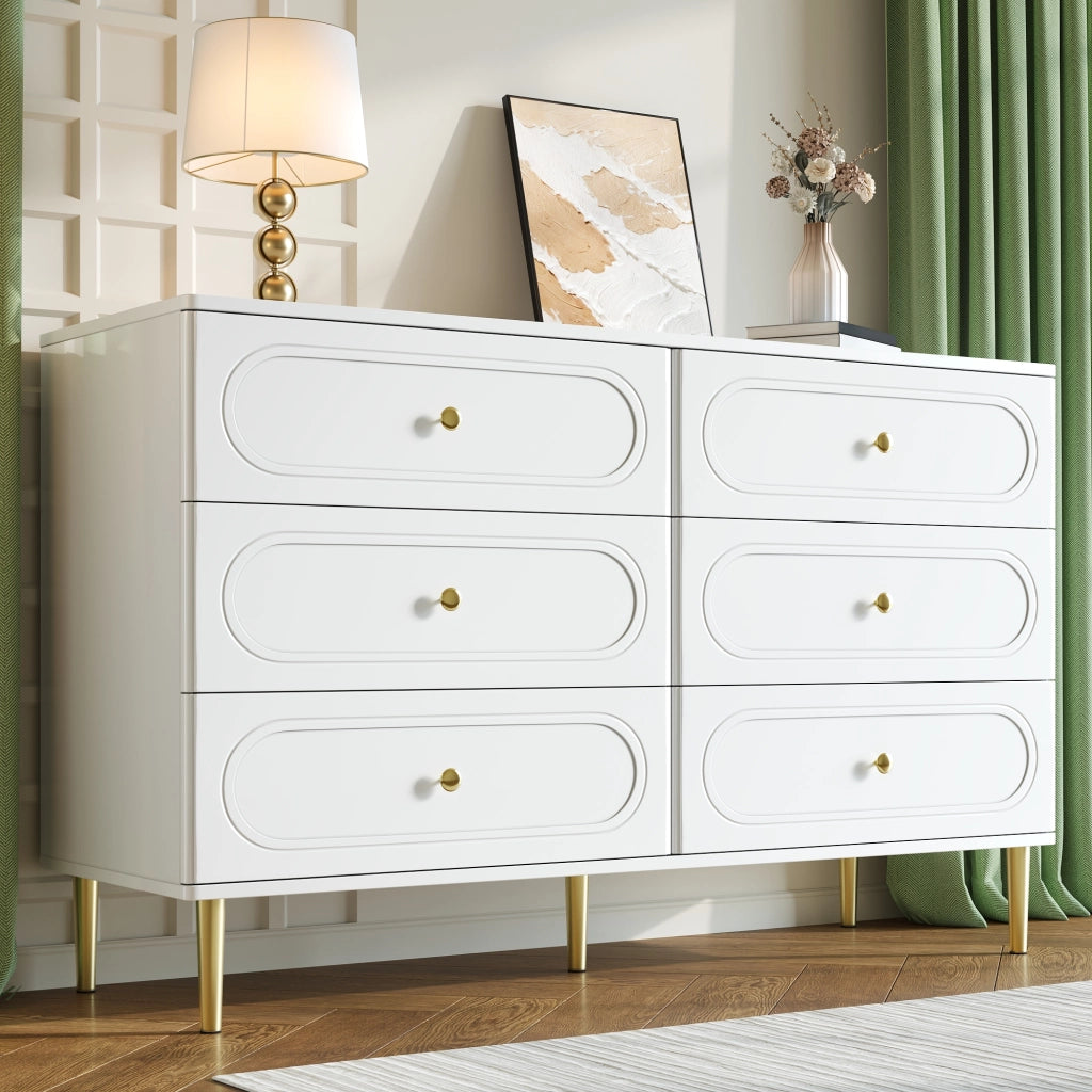Cassettiera Bianca 6 Cassetti 120 cm; Credenza Moderna Soggiorno con Piedini in Metallo