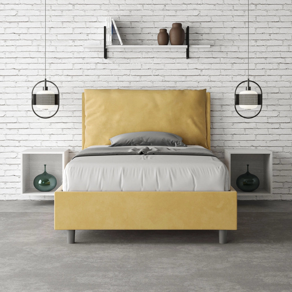 Letto 1 Piazza E Mezzo 130x190 cm con Rete e Contenitore Imbottito in Microfibra Antea Large Ocra