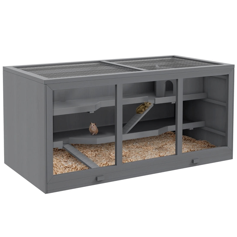 Gabbia per piccoli animali a più livelli in legno grigia 115 × 57 × 55 cm con tetto regolabile e vassoio lavabile