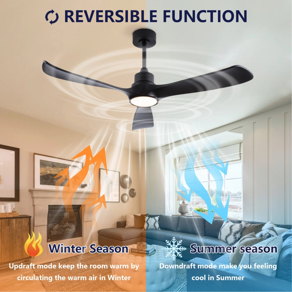 Ventilatore da soffitto con luce 52" nero, 3 pale, motore DC reversibile, telecomando