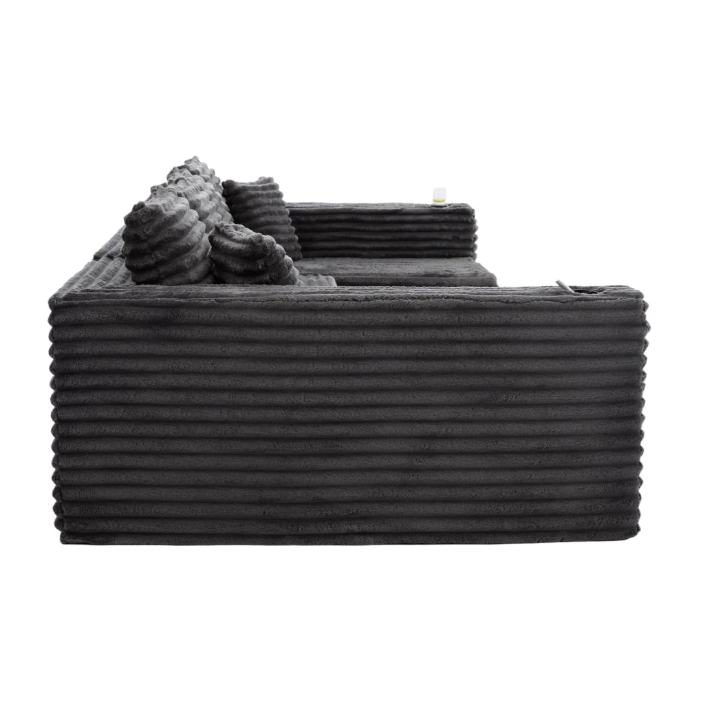 Divano a U in Corduroy con Porta Bicchieri, Tasche Laterali e Cuscini, 320x155x88 cm, Ergonomico per Soggiorno