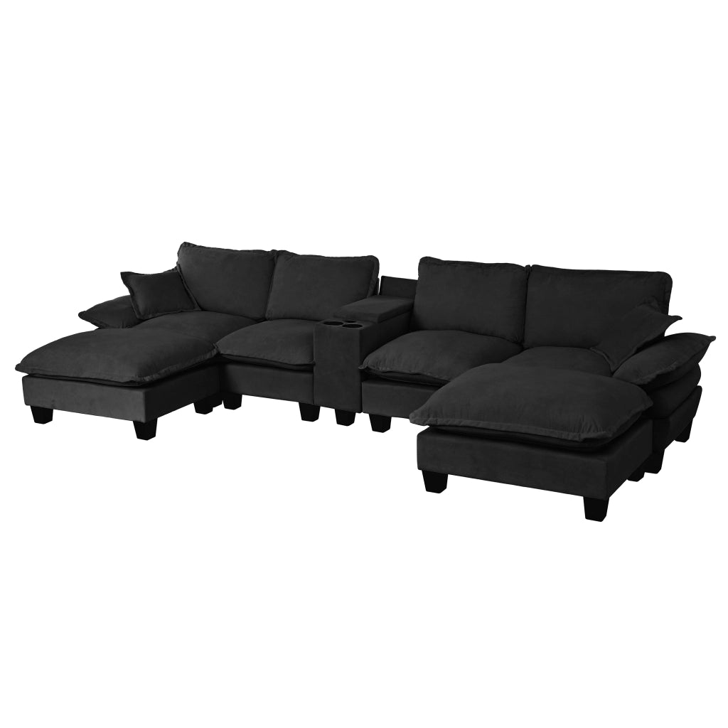 Divano Modulare a U con Ottomane, Contenitore, USB e Cuscini ¨C MINIMAL ¨C Chenille Nero