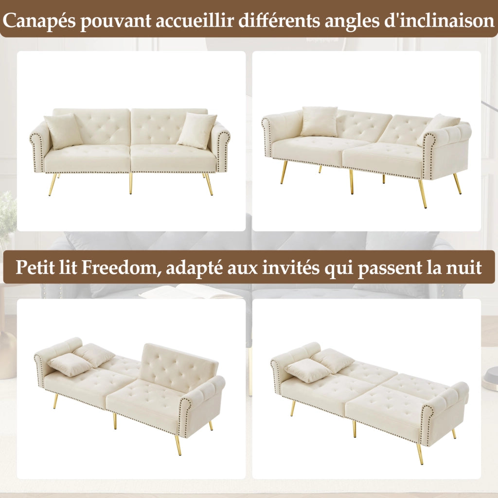 Divano letto 2 posti con doppio schienale regolabile in 3 posizioni e 2 cuscini, in velluto beige, 147 × 85 cm