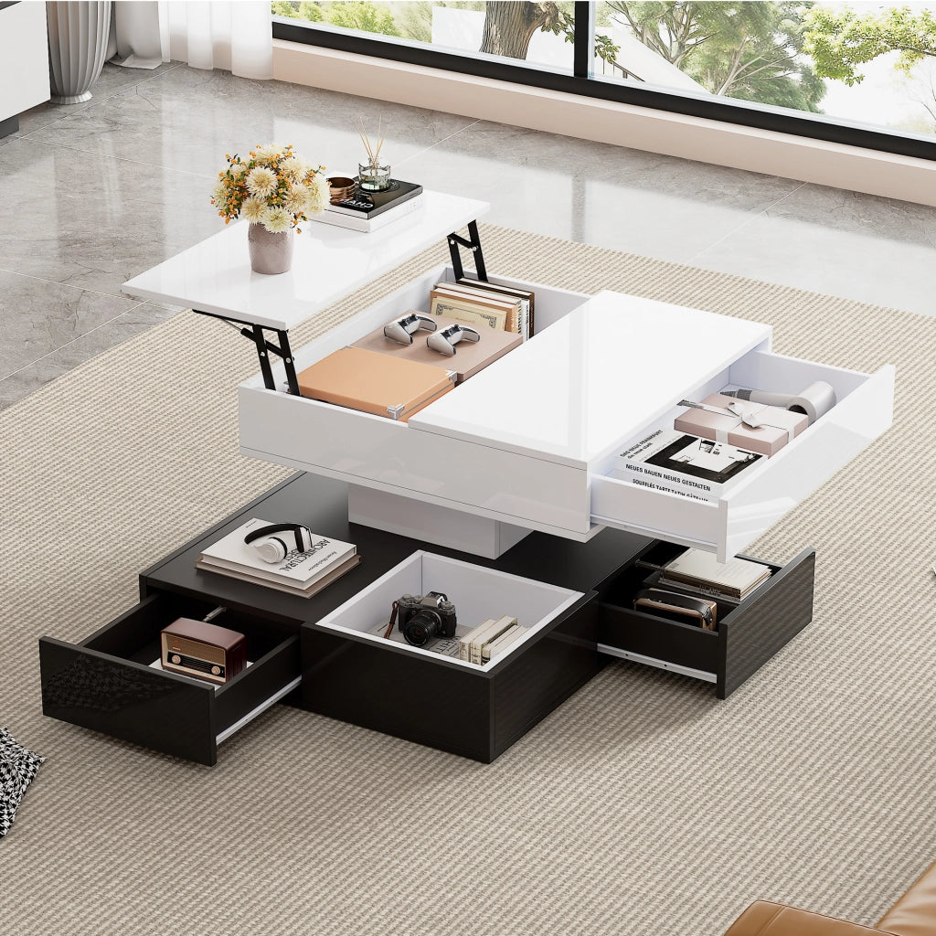 Tavolino da salotto quadrato con piano elevabile girevole, 3 cassetti e vani, bianco e nero, 70 × 70 × 40 cm