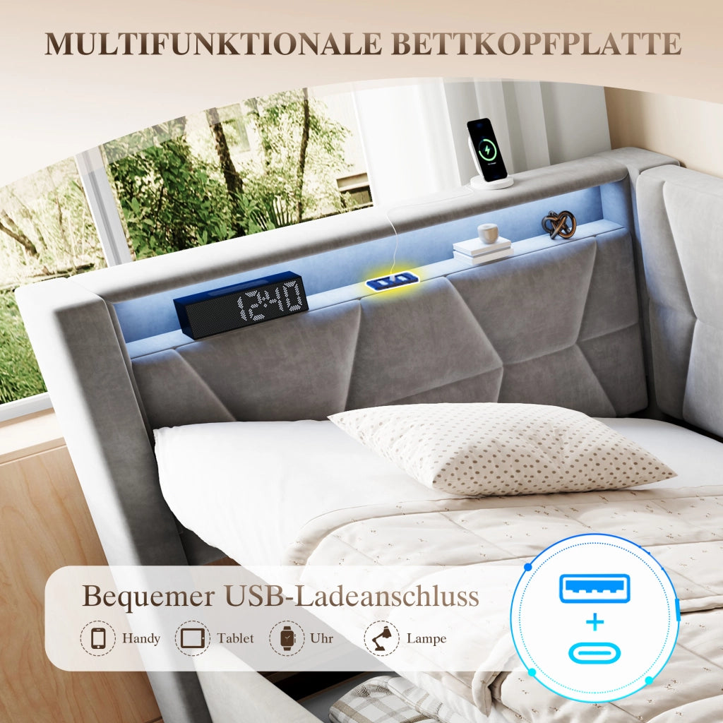 Letto singolo con contenitore 90 × 200 cm imbottito in velluto con LED USB Type-C e rete a doghe inclusa