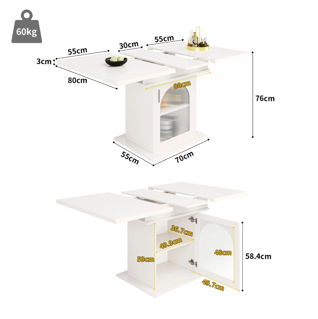 Tavolo da pranzo allungabile 110-140x80 cm con 3 ripiani e ante in vetro; bianco