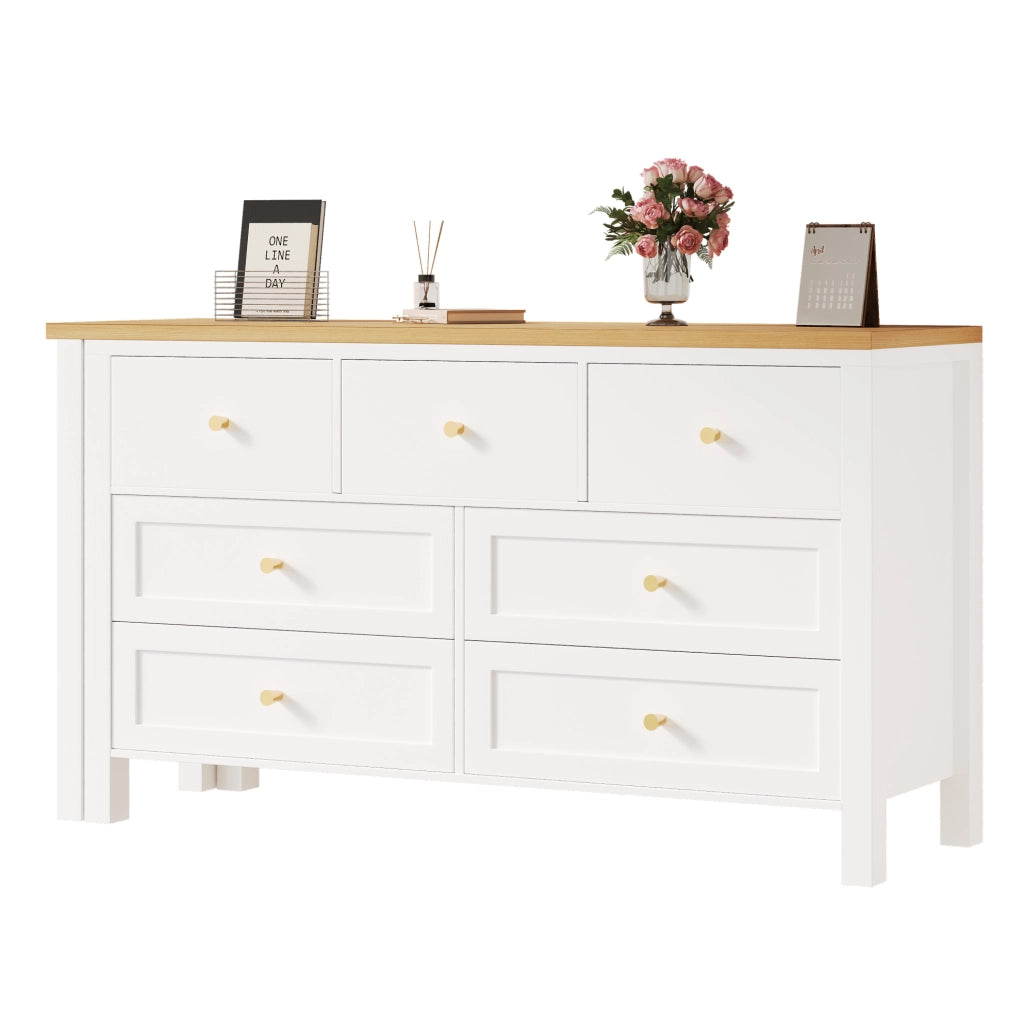 Scrivania 2-in-1 con 7 cassetti e piano girevole 360°, in truciolato effetto quercia bianco/naturale, L-forma 120x40x70 cm