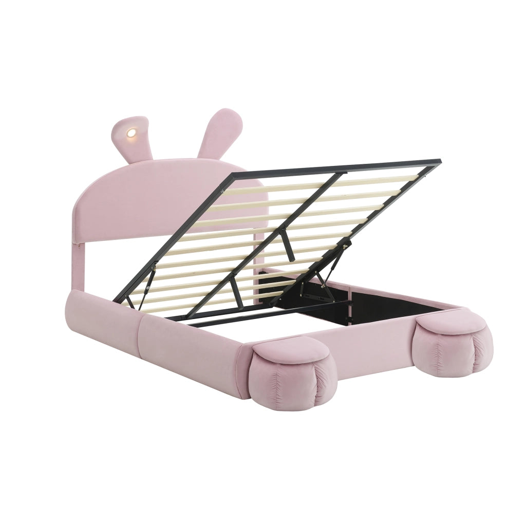 Letto Matrimoniale 140x200 in Velluto Rosa con Contenitore Idraulico e Orecchie da Coniglio