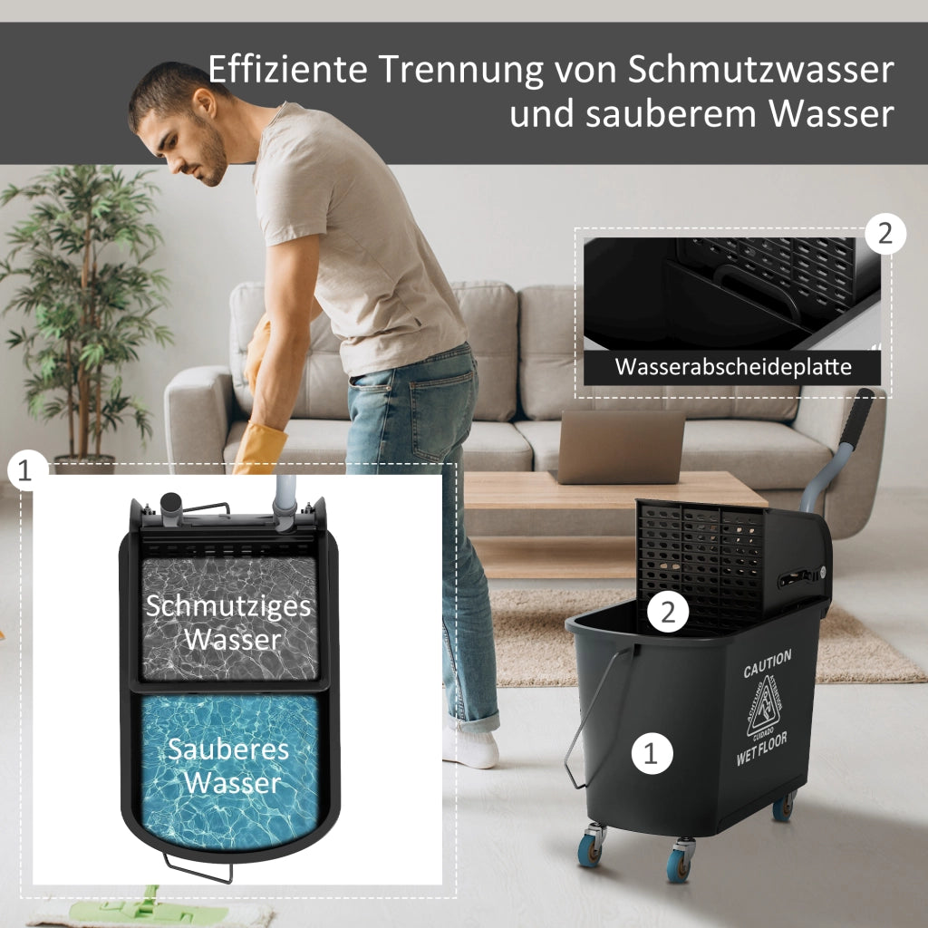 Carrello per le pulizie con secchio da 20 L, pressa e 2 scomparti, nero