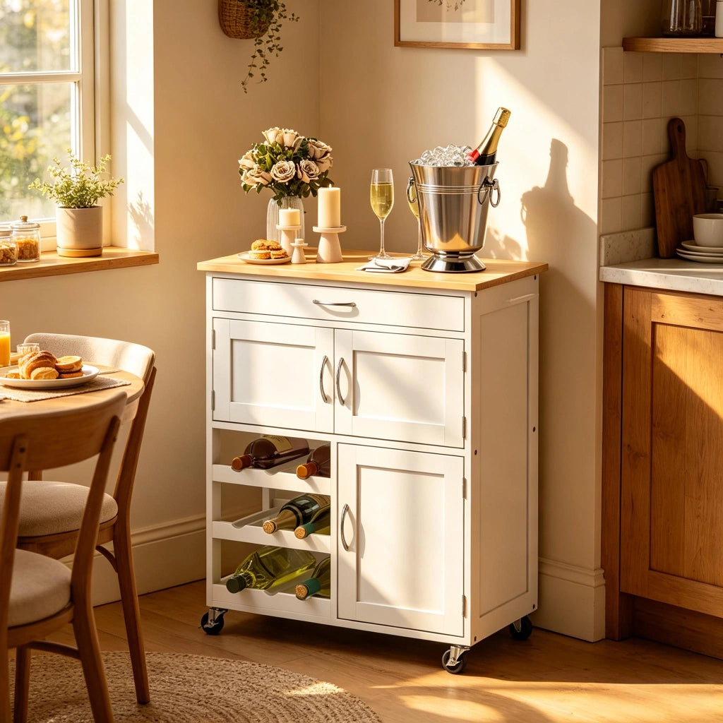 Carrello da cucina con cassetto; 2 armadietti e portabottiglie su ruote in MDF bianco e legno 67 × 37 × 87 cm