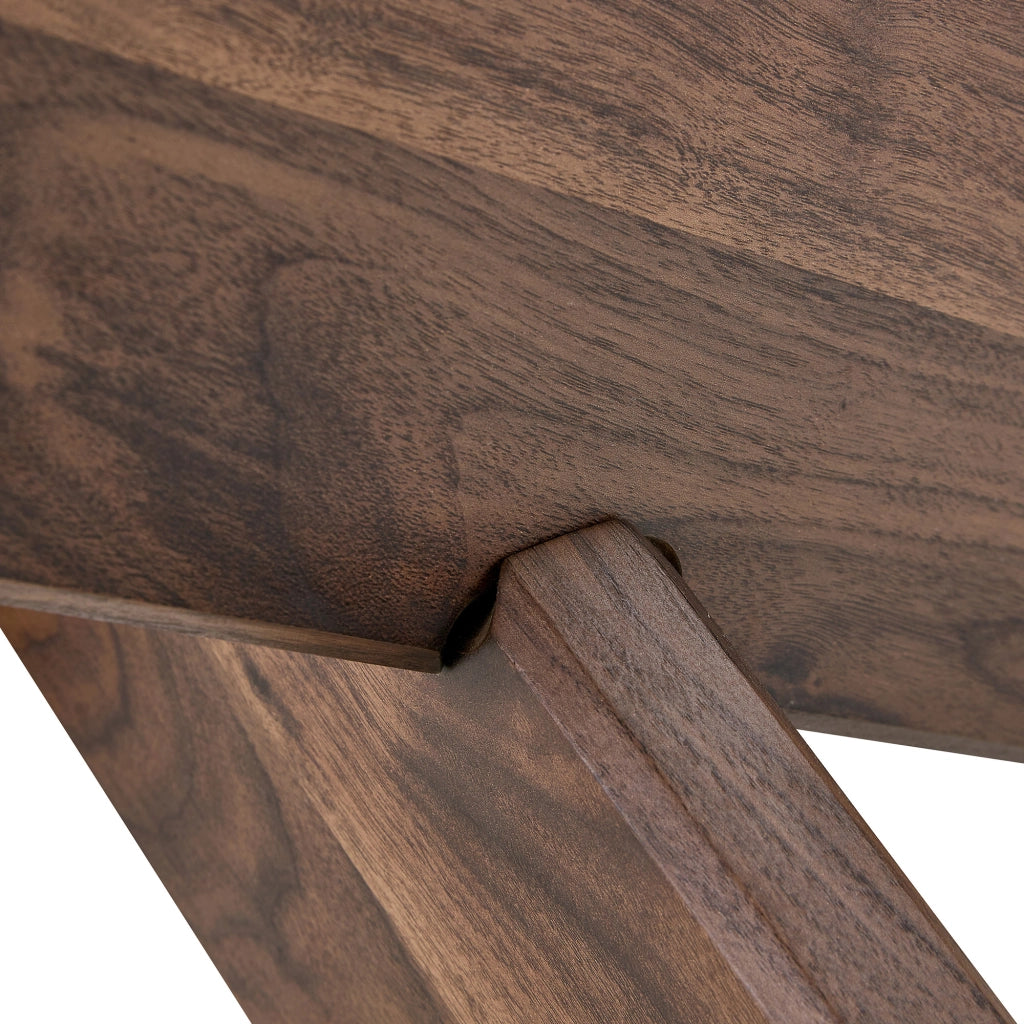 Tavolino basso fisso rotondo con piano in vetro temperato e base geometrica in MDF color noce