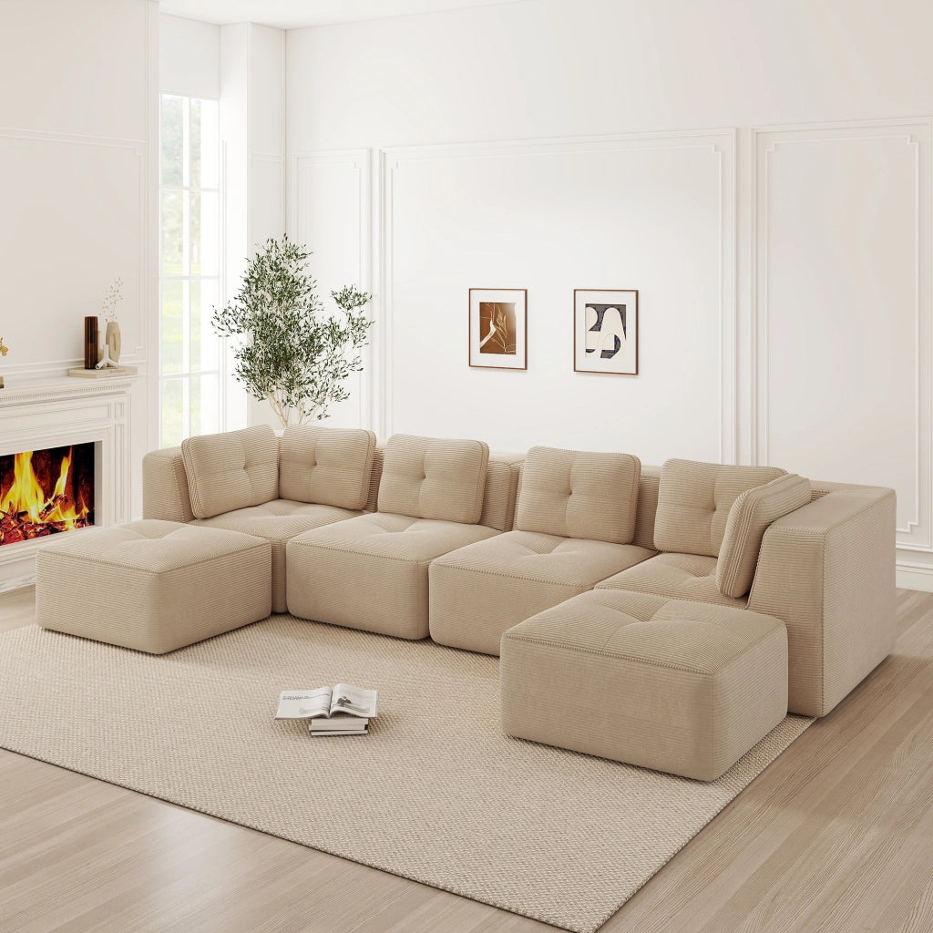 Divano modulare angolare trasformabile con base antiscivolo e braccioli larghi in velluto a coste beige