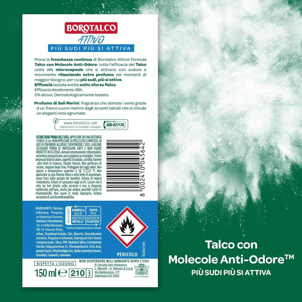 BOROTALCO DEODORANTE SPRAY BLU NO ALCOOL CON TALCO MOLECOLE ANTI ODORE 150 ML SALI MARINI