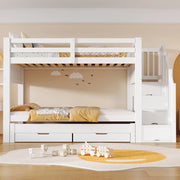 Letto a castello 90 × 200 cm con letto estraibile e scala contenitore con armadio integrato in legno bianco
