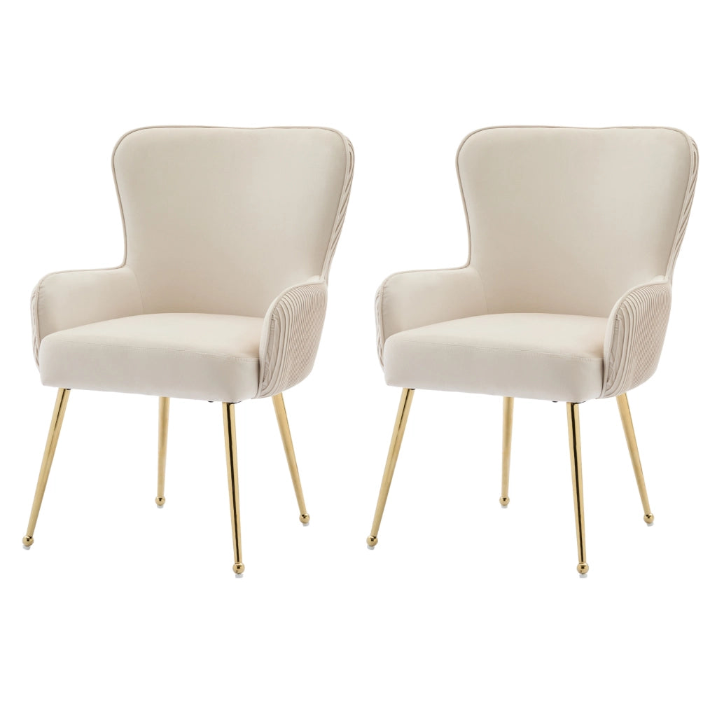 Set di 2 Sedie da Pranzo in Velluto Beige con Gambe Metalliche Dorate Regolabili e Braccioli