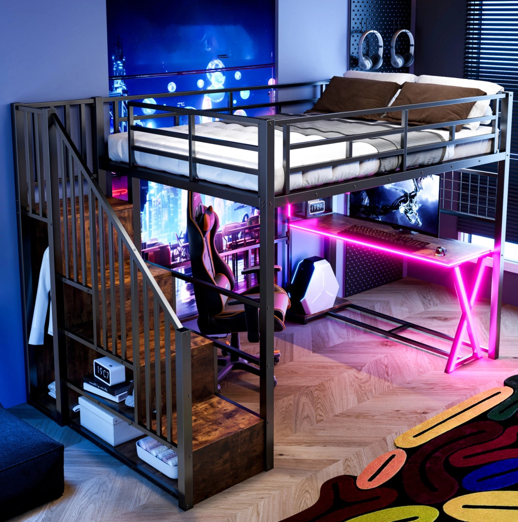 Letto a soppalco 140x200 cm in metallo/MDF nero con scrivania e contenitori
