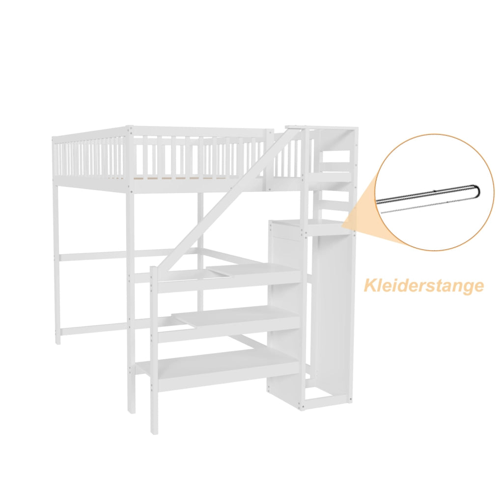 Letto a soppalco 140x200 cm bianco con scala e armadio