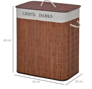 Cesto porta biancheria 100L con 3 maniglie, fodera staccabile e lavabile, struttura in bambù, cotone e metallo, 52x32x63 cm, marrone e bianco