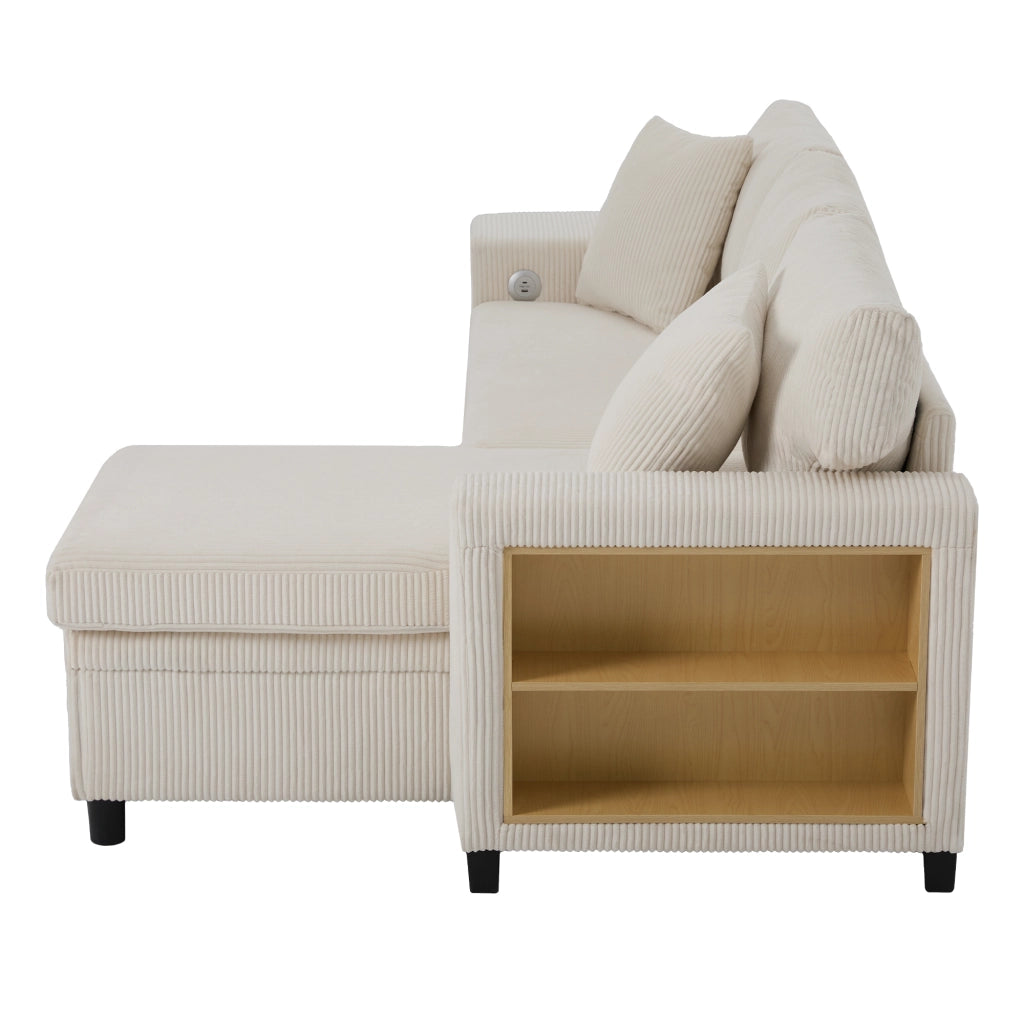 Divano letto angolare 231x131,5 cm con contenitore, USB e USB-C in corduroy beige