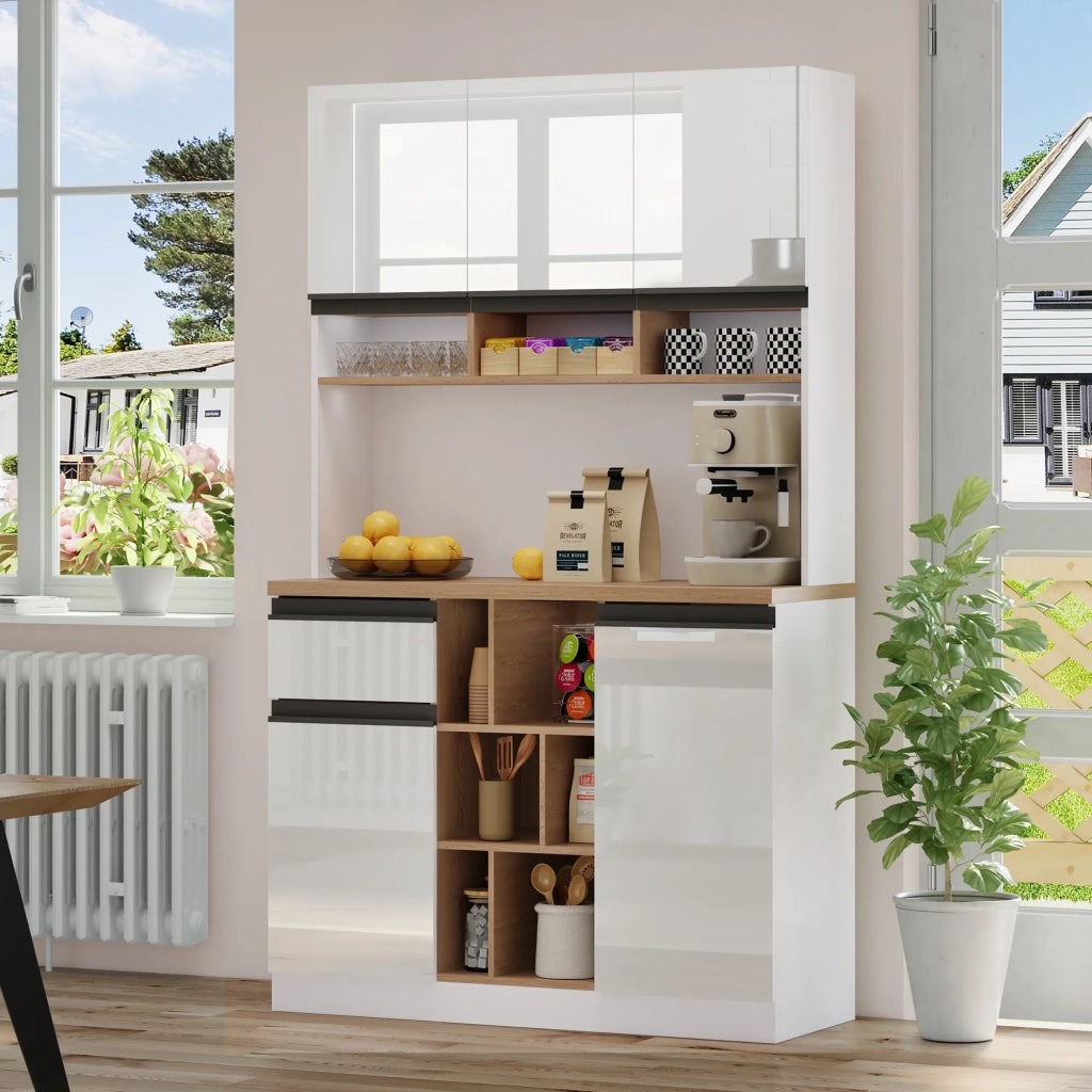 Mobile da cucina moderno bianco 105x45x185 cm, buffet con ante lucide, maniglie in metallo, ripiani regolabili, cassetti, spazio aperto, protezione anti-ribaltamento