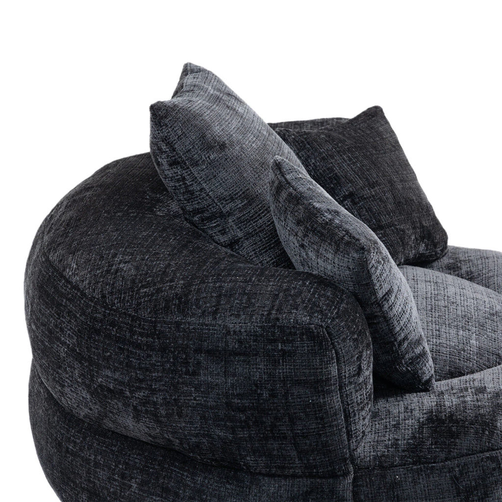 Poltrona sacco singola in ciniglia nera con schienale alto e braccioli; 108 × 108 × 52 cm