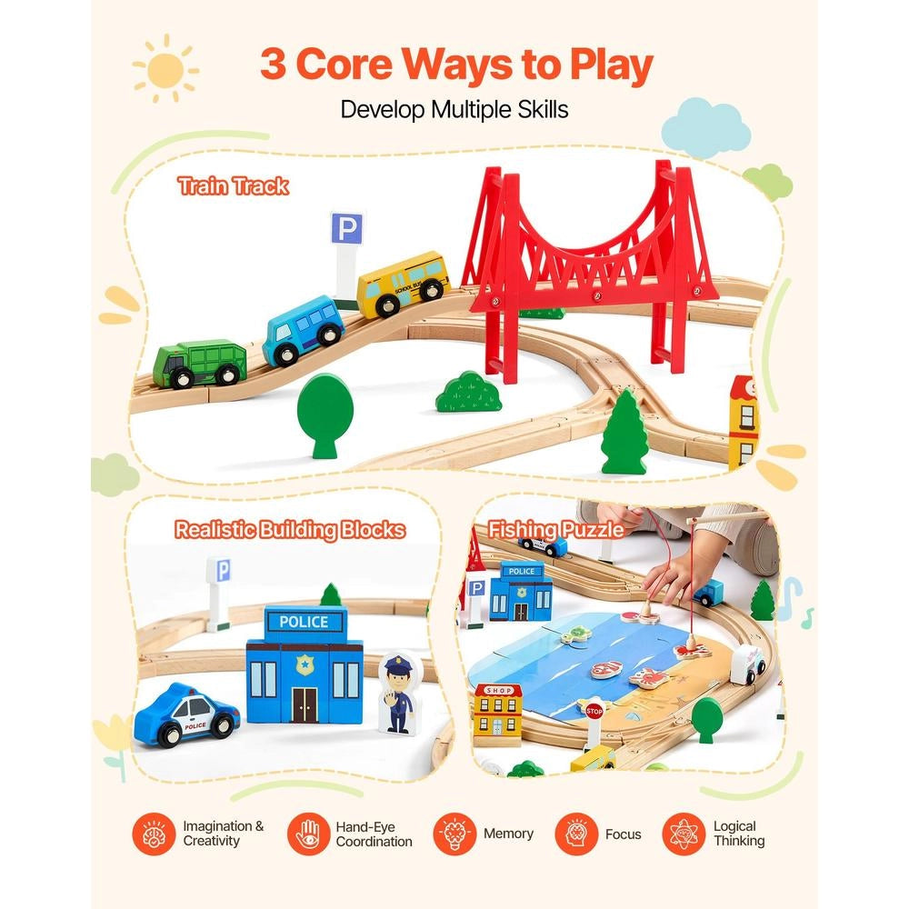 Ferrovia Ponte Tunnel 113 Pezzi Trenino Bambini 3-8 Anni Binari Legno Contenitore Compatibile Marche