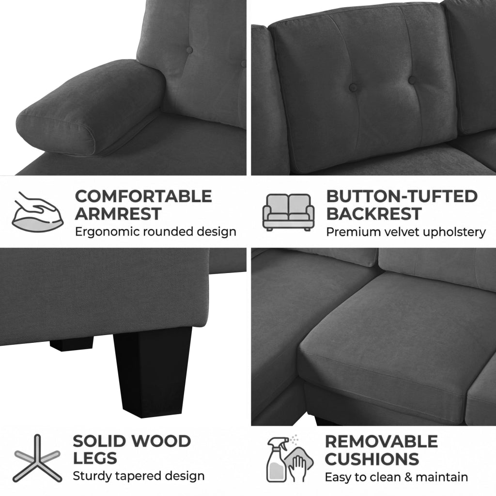 Divano ad angolo a U per 4 persone in Chenille grigio con doppia chaise longue e schienale tufted