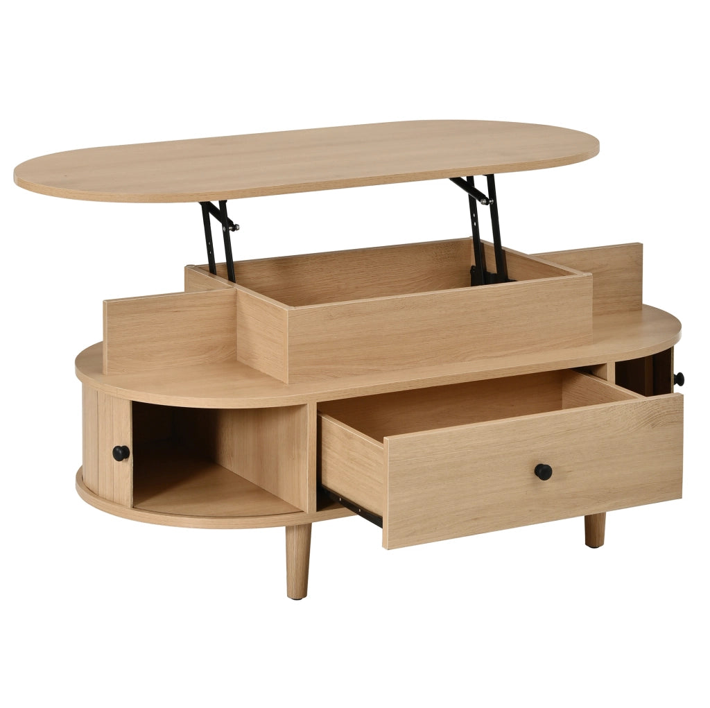 Tavolino da salotto ovale con piano sollevabile 105x50 cm; cassetto e ante scorrevoli naturale HOMVRA