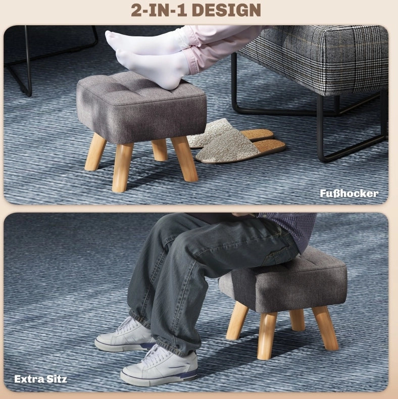 Pouf con Gambe in Legno di Gommello e Rivestimento Effetto Lino, Grigio, 27x27x26 cm