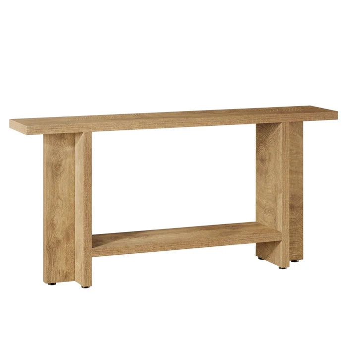 Consolle a due ripiani con struttura a T in MDF marrone per ingresso e soggiorno 150 × 30 × 80 cm