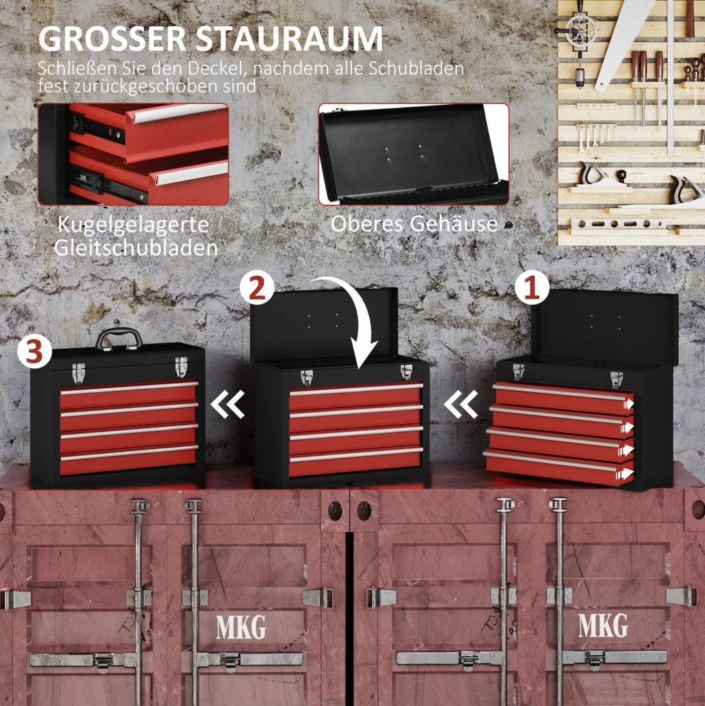 Cassettiera per utensili in acciaio con 4 cassetti e serratura, 51x22x39,5 cm, nero e rosso
