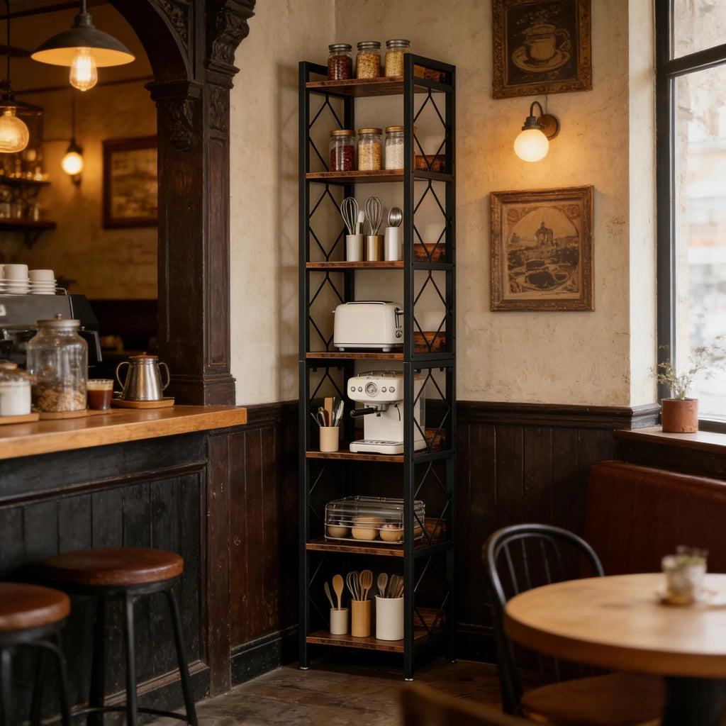 Libreria stretta con 7 ripiani aperti e protezioni laterali per casa e ufficio, metallo e legno, 34 × 34 × 200 cm