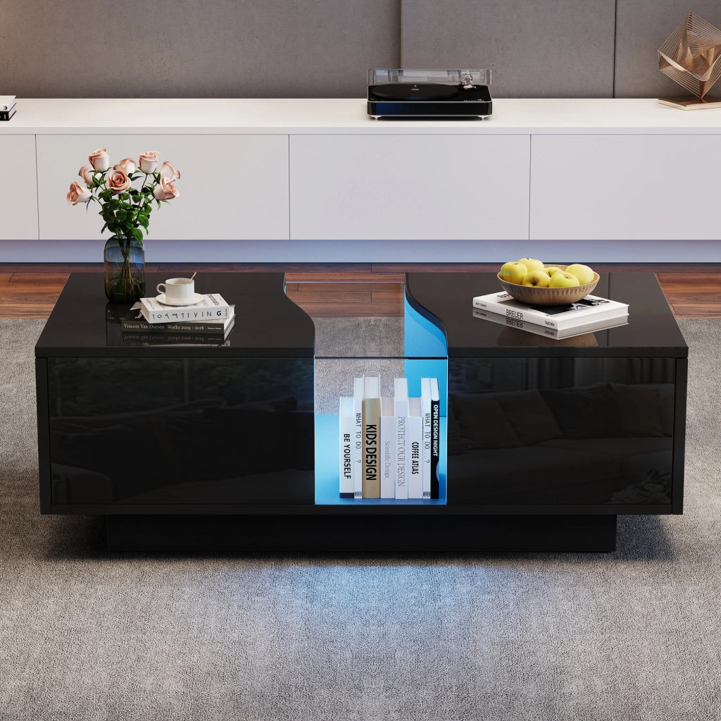 Tavolino da caffè LED 100x50x35 cm con 2 cassetti in MDF e acrilico; nero lucido
