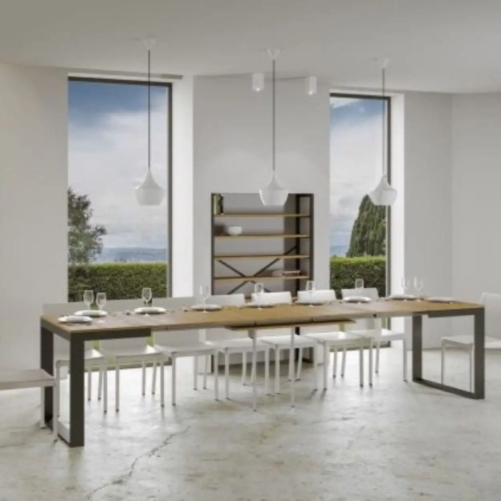 Tavolo allungabile 120/380x90 cm Tecno Evolution colore quercia natura telaio e gambe antracite