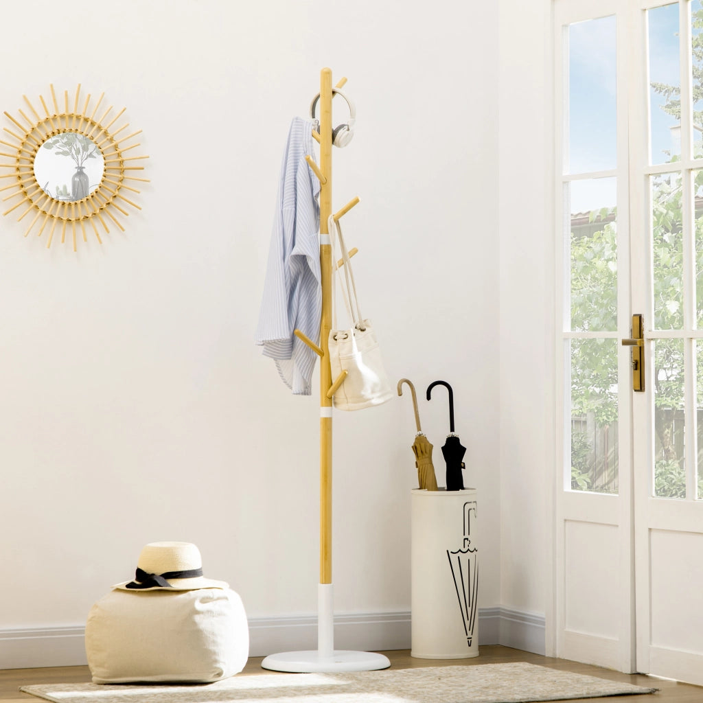 Appendiabiti da Terra ad Albero con 8 Ganci in Bambù e Metallo Base Rotonda Salvaspazio per Ingresso Ø37.8x175.6 cm Bianco e Legno