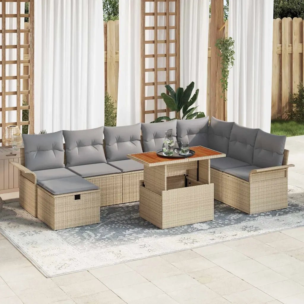 Set Divano da Giardino con cuscino 9 pcs Beige polyrattan