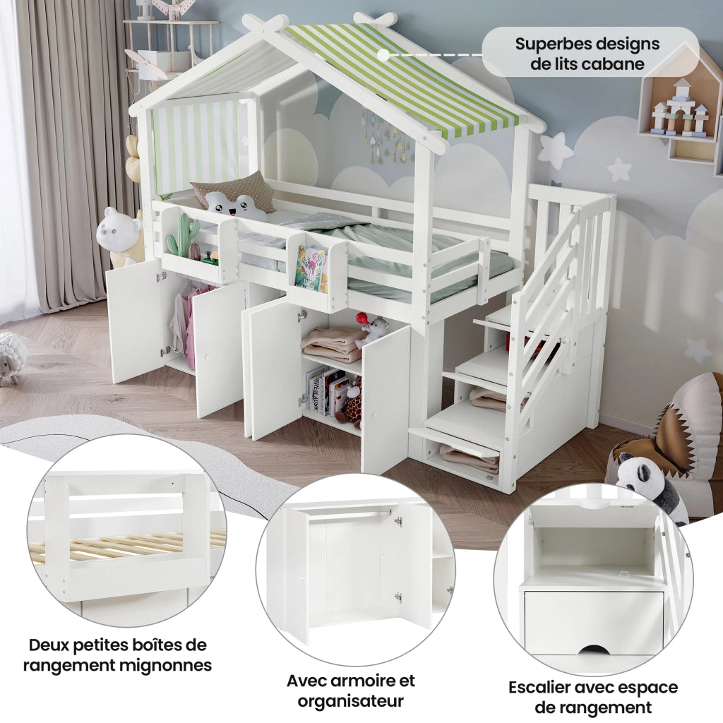 Letto a soppalco per bambini 90 × 200 cm 1 posto con armadio, 5 vani, scala e barriera, senza materasso, bianco e verde