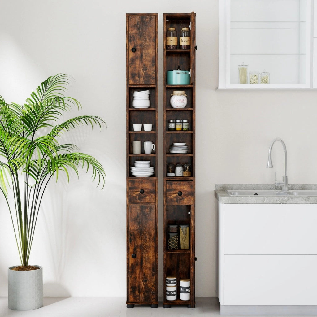 Armadio da bagno alto slim con 1 cassetto di stoccaggio, Armadio da bagno 5 ripiani regolabili struttura antiscivolo Marrone