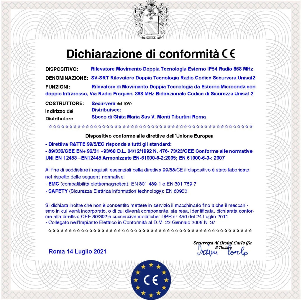 Sensore Movimento Doppia Tecnologia da Esterno IP54 Copertura 15 Metri Grandangolo o 25 Metri Tenda 2 Pezzi Via Radio Freq. 868 MHz Bidirezionale Codice UNISAT