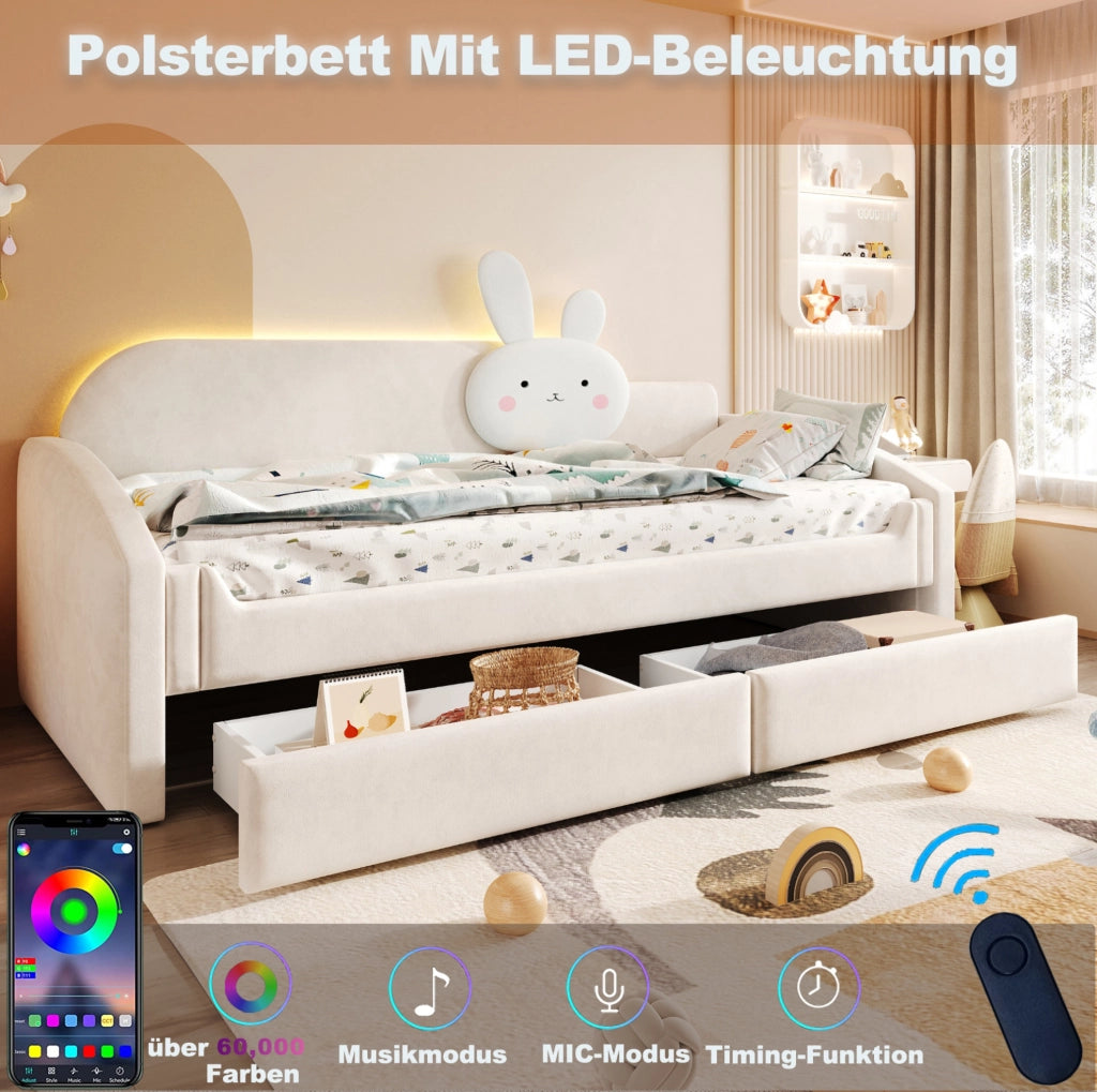 Letto divano per bambini 90x200 cm beige con LED e cassetti