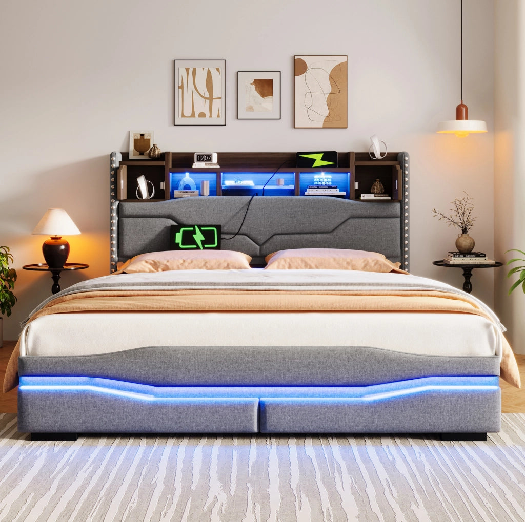Letto matrimoniale 160x200 cm imbottito in lino grigio con contenitore idraulico e luci LED