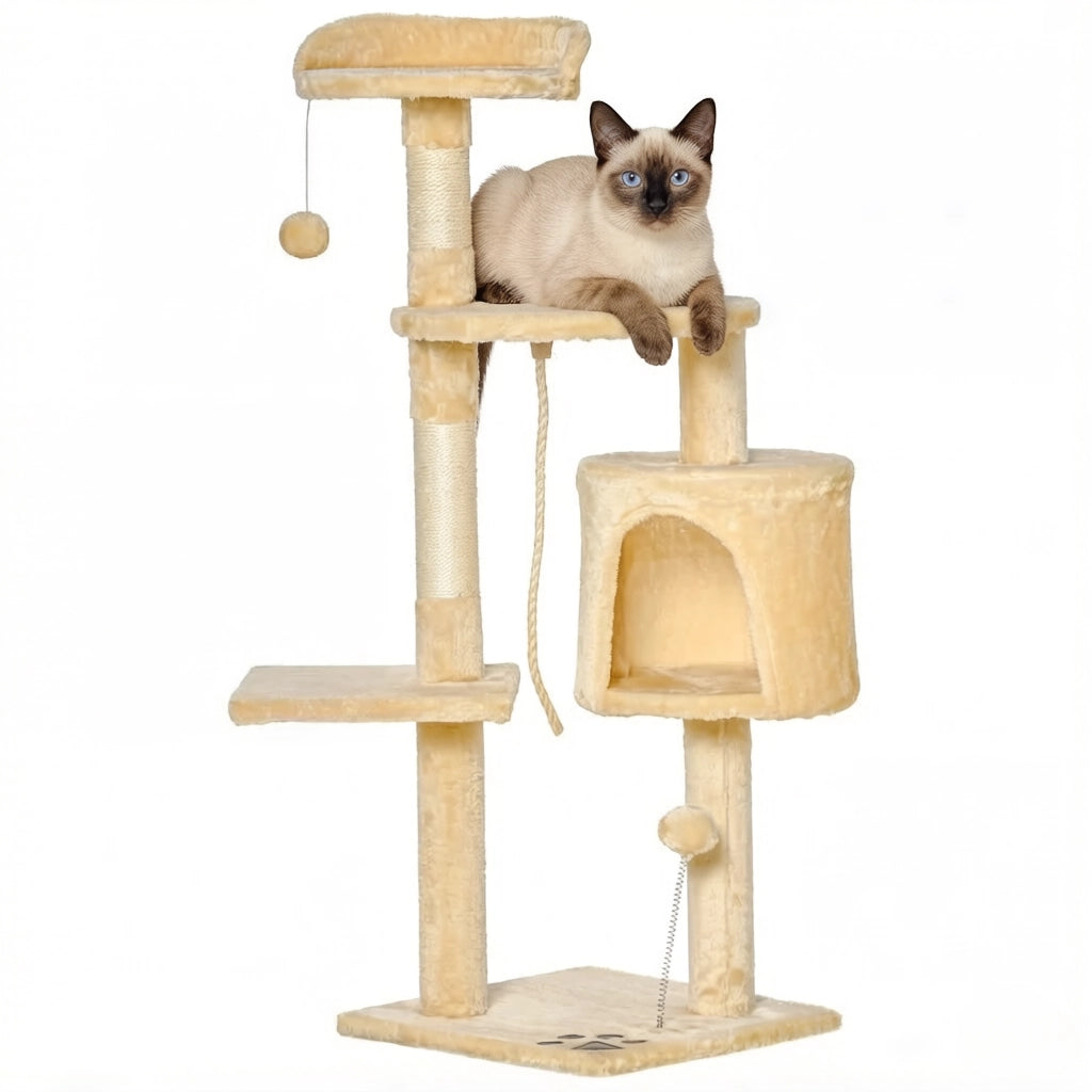 Tiragraffi per gatti a 4 livelli con 3 piattaforme; nicchia sospesa e 3 giochi in peluche beige 40 × 40 × 114 cm