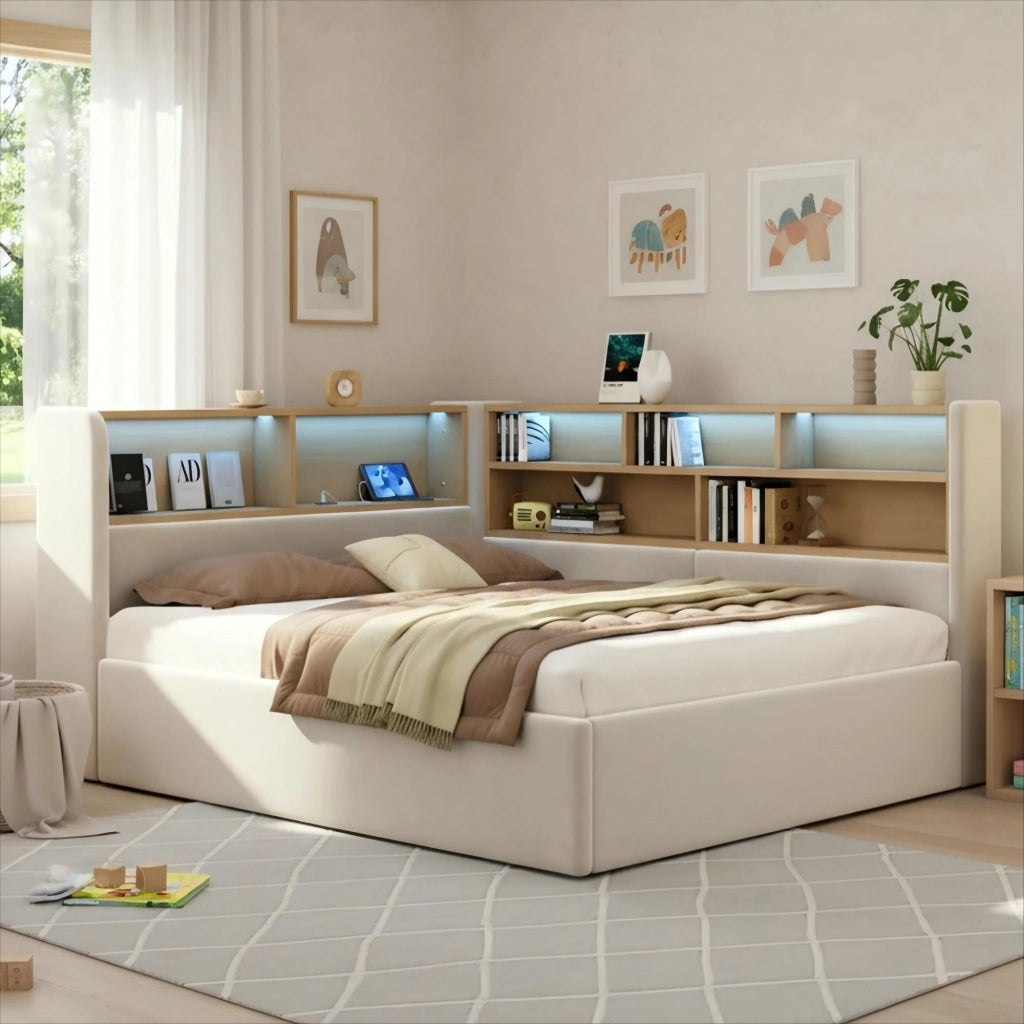 Letto contenitore 140x200 cm con sollevamento idraulico; LED; prese USB e rivestimento in velluto beige