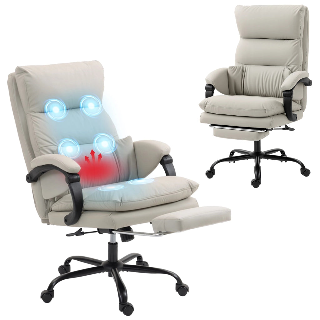 Sedia da ufficio massaggiante e riscaldata in pelle PU grigio chiaro, reclinabile a 135° con poggiapiedi ergonomica per casa e studio