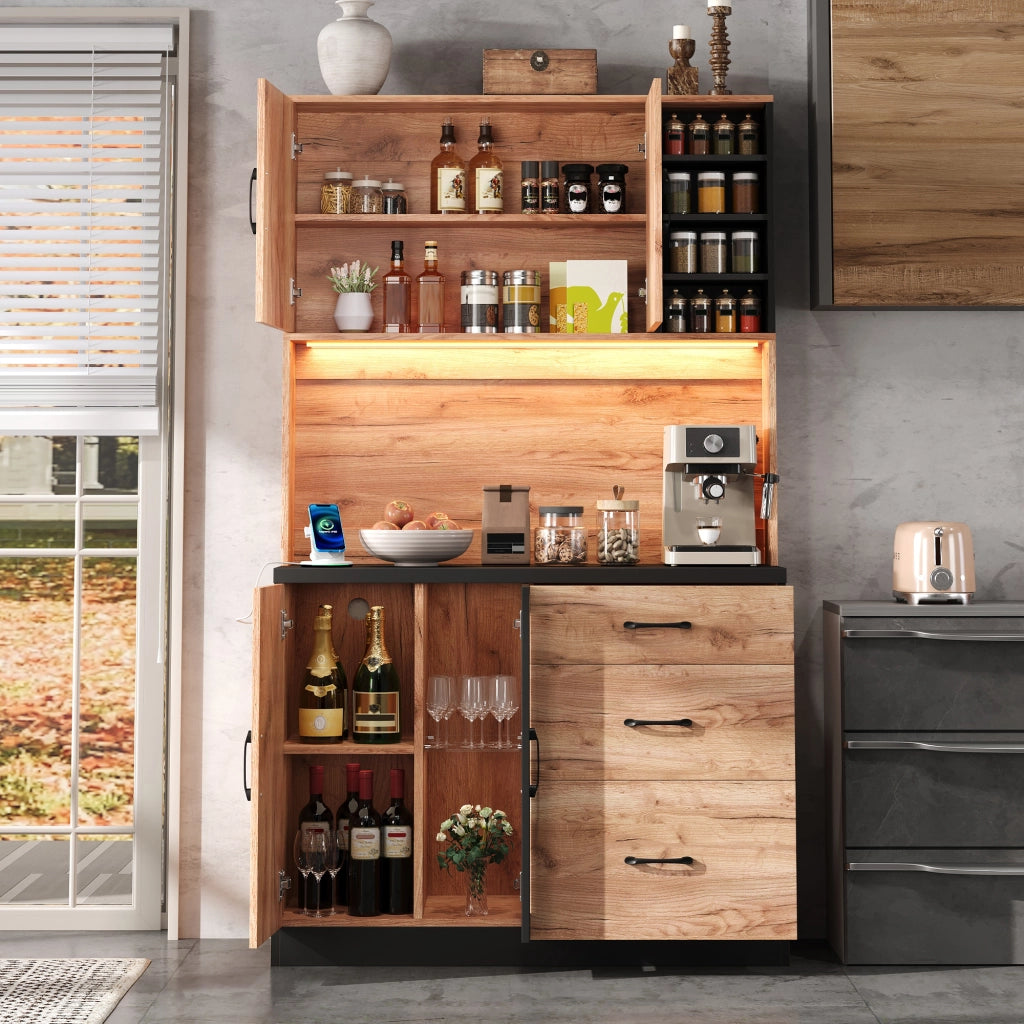 Credenza da cucina alta con LED, 3 cassetti, vano vetrina, ripiani regolabili e prese, in MDF, 105 × 40 × 180 cm