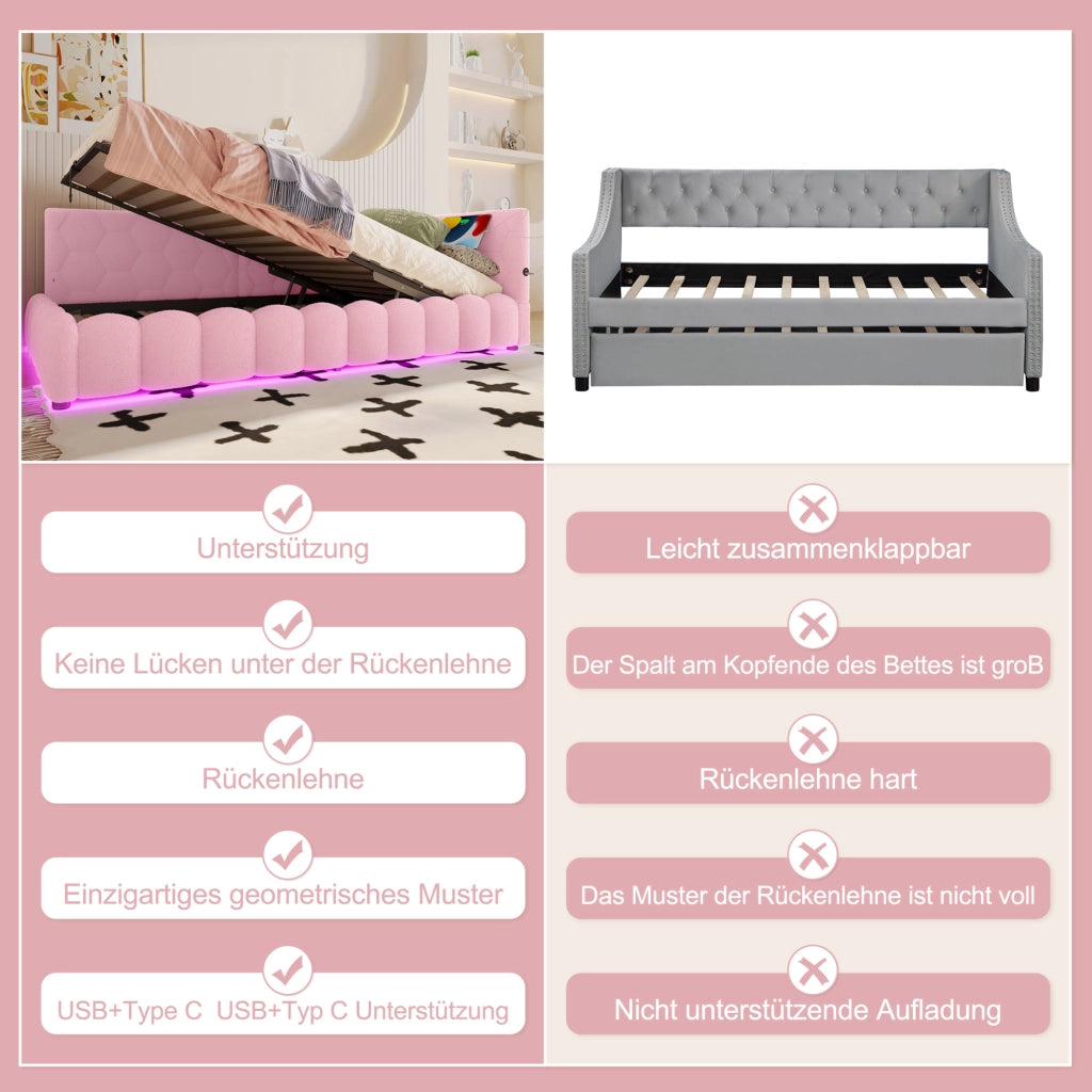 LETTO 90x200 cm Rosa in Vliesimitat e MDF con luce LED, USB e Type-C