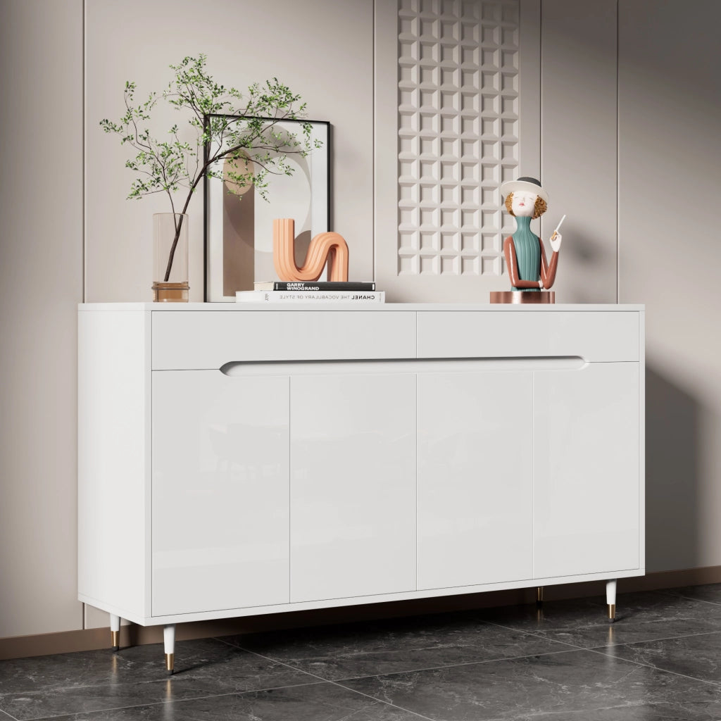 Mobile Scarpiera con 2 Ante e 2 Cassetti; Ripiani Regolabili; Piedini Dorati; Stile Moderno; in Pannello Truciolare; Bianco; 140??39??84 cm