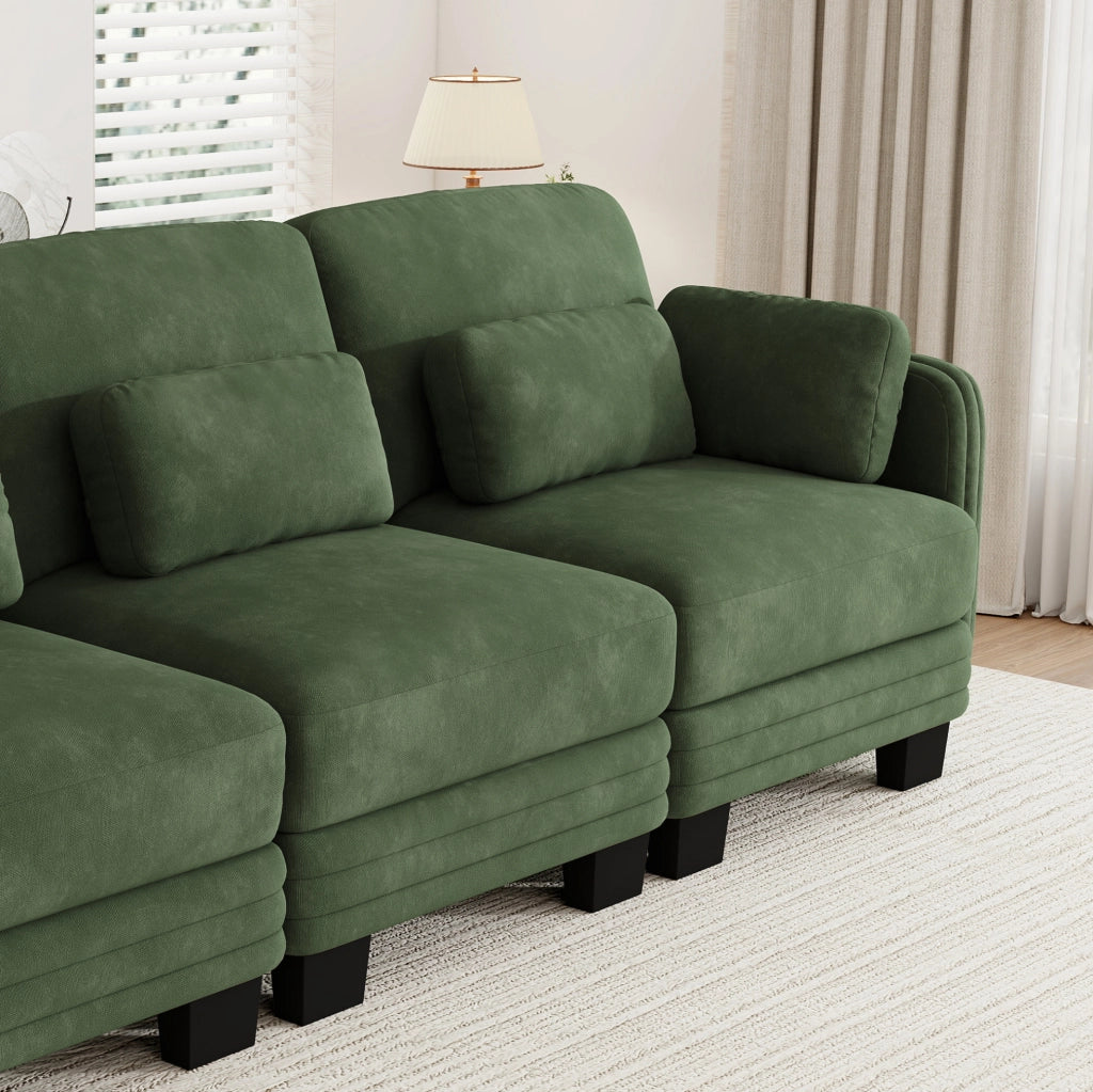 Divano modulare in ciniglia verde 330 x 88 x 88 cm con cuscini lombari e bracciolo